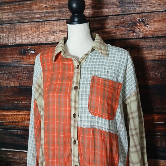 Easel Top S Patchwork Distressed Button Front Asymmetrical Fringe Plaid Shirt - Picture 4 of 9